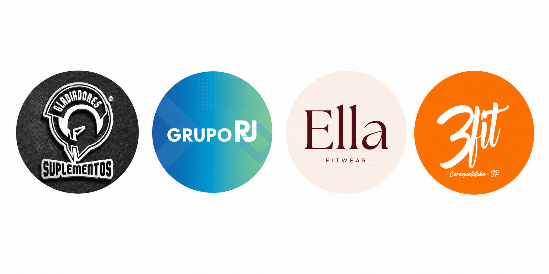 Logos dos parceiros e patrocinadores da MOVAÊ: Gladiadores Suplementos, Grupo RJ e Ella Fitwear