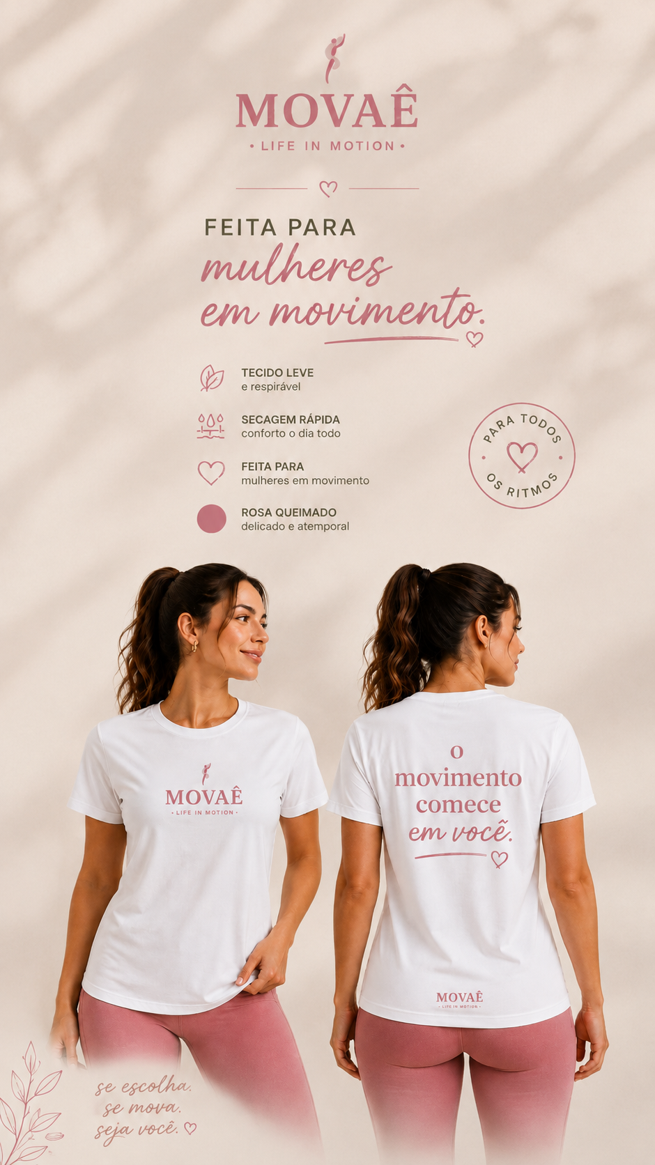 Arte da camiseta MOVAÊ com duas mulheres vestindo a peça branca e os detalhes do tecido